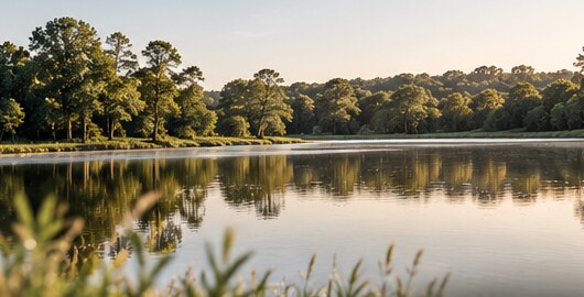 Illustrative calm lake bordered by trees