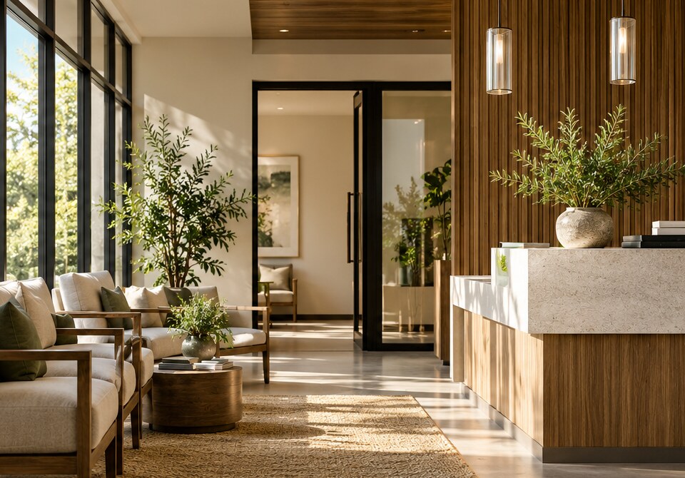 Illustrative sunlit lobby with warm wood, glass, and neutral seating