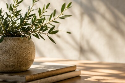Illustrative ceramic vase and books in warm window light